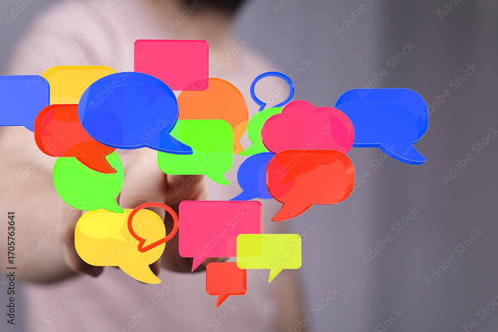 Poster abstract image of colorful speech bubbles representing communication, social media, and networking.