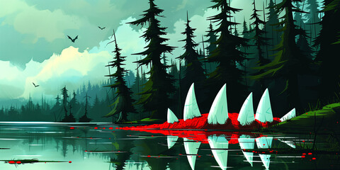 Halloween Background - Huge Red Mouth with Sharp White Fangs Emerging from Lake in Rainy Forest under Stormy Sky