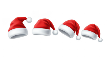 Four santa hats isolated on transparent background