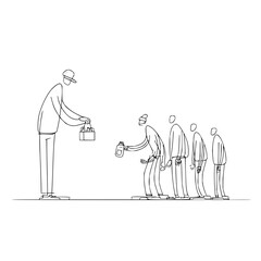 Obraz premium Line drawing depicts a person handing out items to a queue of people waiting in a straight line patiently