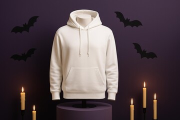 Halloween-Themed Hoodie Mockup with Candle and Bat Decorations on Purple Background