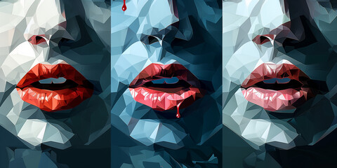 Three Polygonal Female Faces with Red Lips and Blood Drops – Abstract Vampire Halloween Art Portrait