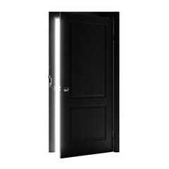 Dark wooden door slightly open with bright light isolated on transparent background