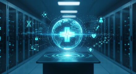 Futuristic Digital Healthcare Technology Illustration - Medical Data, Globe, Heartbeat, DNA, Vaccine, Server Room, Security, and Global Healthcare Concept