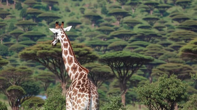 Giraffe standing in the middle of forest. Giraffe in the wild in nature with trees and a savannah. A brown and white striped animal standing outdoors. A giraffe positioned in the center of lifestyle.