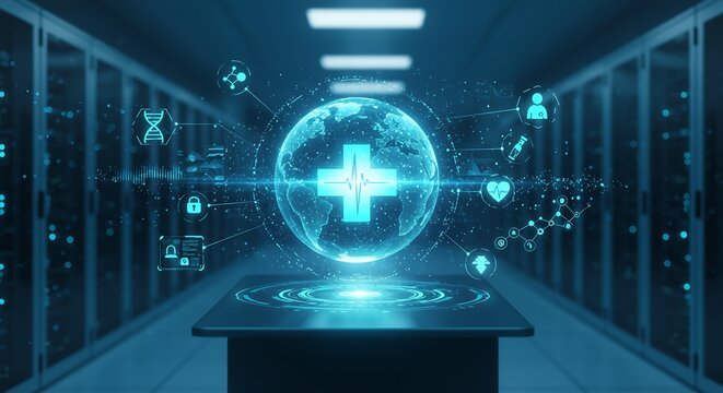 Futuristic Digital Healthcare Technology Illustration - Medical Data, Globe, Heartbeat, DNA, Vaccine, Server Room, Security, and Global Healthcare Concept