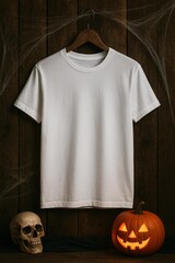 Halloween-Themed Shirt Mockup with Jack-o'-Lantern and Skull on Dark Wooden Background