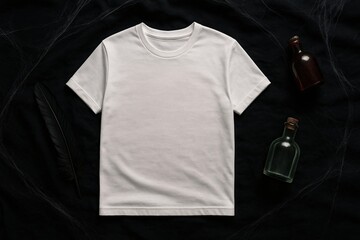 Halloween-Themed Shirt Mockup on Dark Background with Spooky Elements