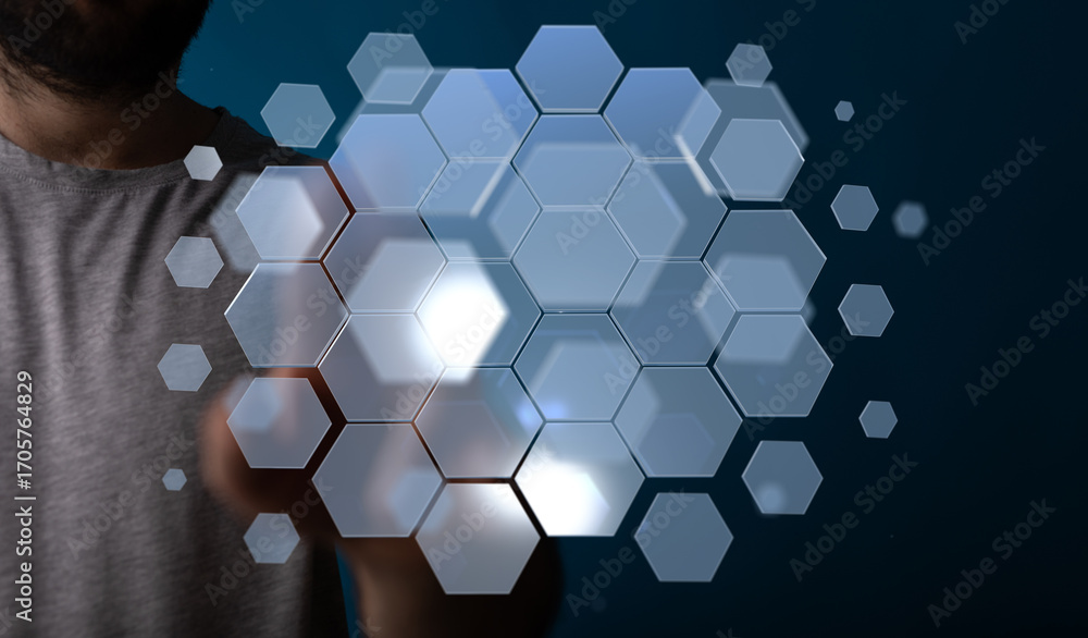 Poster abstract image of a person interacting with a futuristic hexagonal technology interface. perfect for