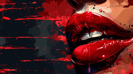 Close-Up of Vampire Woman’s Bloody Red Lips with Blue Skin – Dark Horror Fantasy Digital Painting