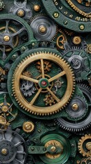 Obraz premium Intricate clockwork mechanism; gold and green gears interlock, creating a complex, detailed pattern against a dark green background
