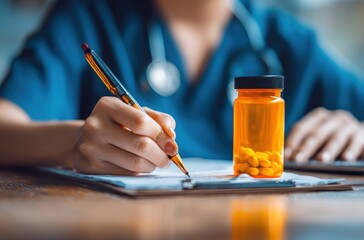 A healthcare worker writes on a clipboard next to an orange pill bottle, close-up. The worker wears blue scrubs, and is out of focus except for their hands