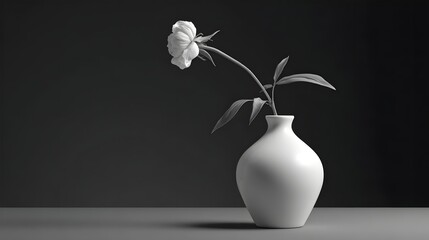 A delicate white flower blooms in a simple, white ceramic vase, set against a dark, monochomatic background that creates a serene, minimalist composition.