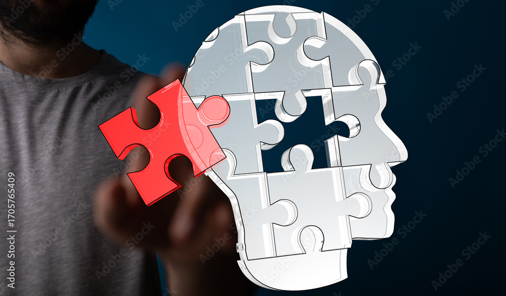 Poster abstract image depicting a human head as a jigsaw puzzle, highlighting problem-solving and mental he