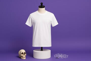 Halloween-Themed Shirt Mockup with Skull and Spider Web on Purple Background