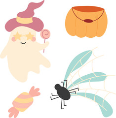 Retro Groovy Halloween clipart set with ghosts, pumpkins, skull, mushrooms, spiderweb, flowers. Spooky seasonal objects, hand drawn vector illustration in flat style