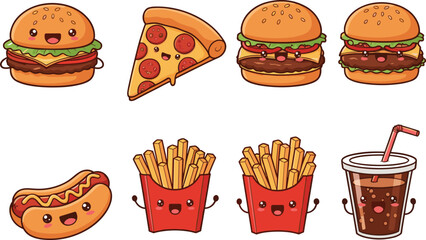 Cute cartoon fast food icons with smiling faces including burgers, pizza slice, hot dog, french fries, and soda cup illustration.