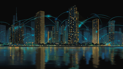 Fototapeta premium Sunshine in the Smart digital Innovation city with connection network reciprocity over the cityscape. of future smart wireless digital city and social media networking systems that connects