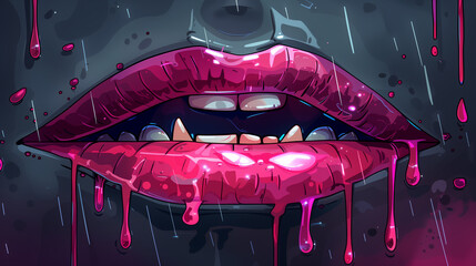 Close-Up of Vampire Woman’s Bloody Red Lips with Blue Skin – Dark Horror Fantasy Digital Painting
