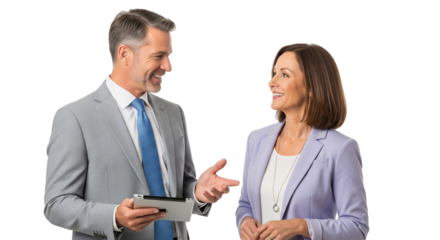 Two Business Professionals Conversing with Tablet and Coffee on White Background
