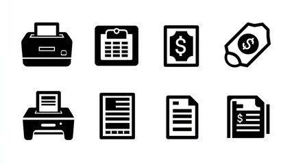 Collection of eight black, fill vector icons depicting office and business-related objects
