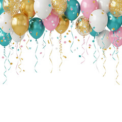 Colorful Balloon and Streamer Party Border with Confetti on White Background
