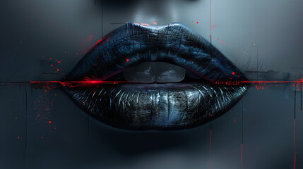 Digital Background with Silhouette of Female Lips and Red Stripe in Futuristic Abstract Style