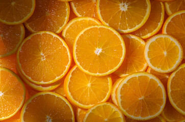 Fresh orange slices macro view as vibrant food background