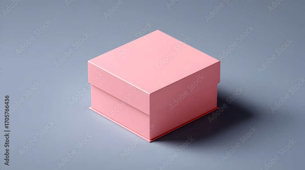 Poster close-up shot of a simple, cube-shaped box in a soft pink color, showcasing a minimalist and elegant