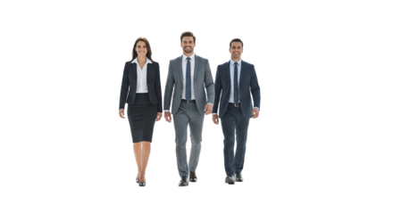 Three Business Professionals Walking Forward in Formal Attire
