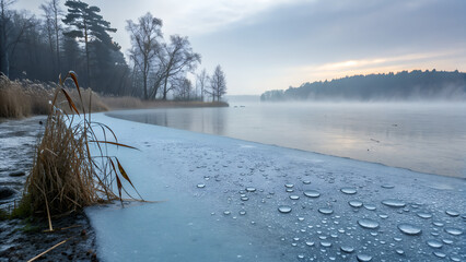 Rain on a Frozen Lake Edge – Thin raindrops tapping on early spring ice.