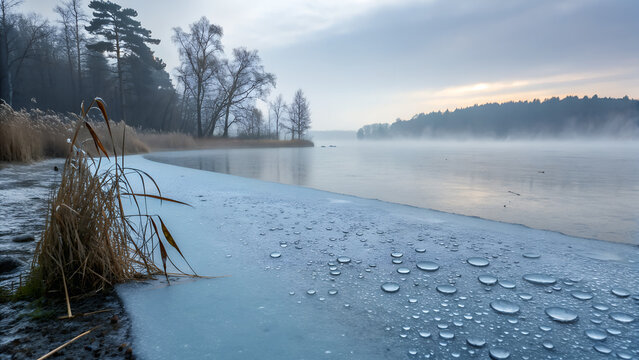 Rain on a Frozen Lake Edge – Thin raindrops tapping on early spring ice. - Powered by Adobe