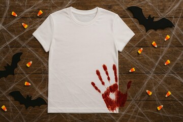 Halloween Shirt Mockup with Bloody Handprint and Spooky Decorations