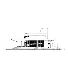 Illustration of a modern white building with large windows and a flat roof on a sunny day design