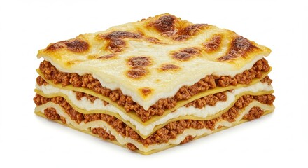 Lasagna Square Portion Stacked on White Background, Italian Food