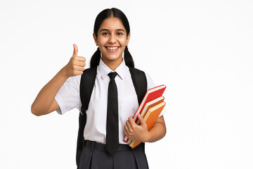 Smiling Indian School Girl in Uniform with Books and Thumbs Up