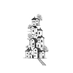 Fototapeta premium Illustration of a stacked village with multiple houses and trees in a whimsical black and white style
