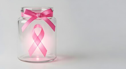 A pink ribbon symbol, inside a glass jar, representing awareness and support.