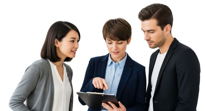 Business Team Discussing Ideas with Clipboard Presentation