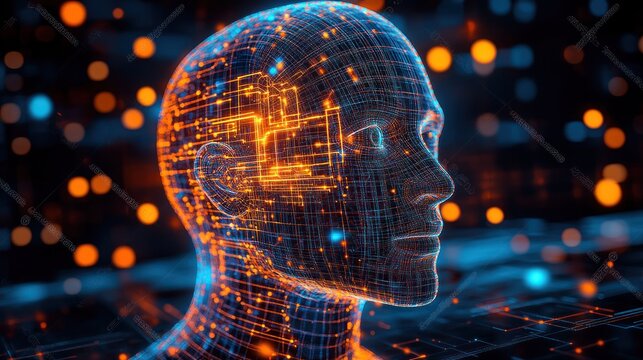 Futuristic AI head, digital network