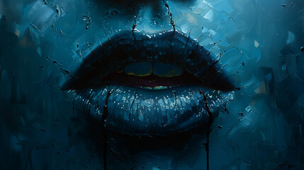 Cracked Blue Lips Emerging from Painted Surface – Minimal Surreal Portrait of Mouth with Textured Background