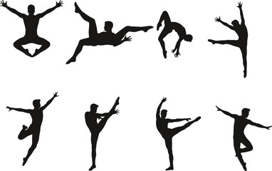 Silhouettes of Male Ballet Dancers Performing Jumps and Poses in Various Dance Positions Isolated on White Background Vector Illustration