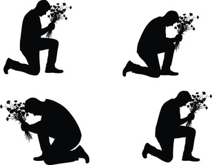 Silhouettes of Kneeling Man Holding Flowers in Mourning, Sadness, or Prayer Pose – Emotional Grief Tribute Vector Illustration