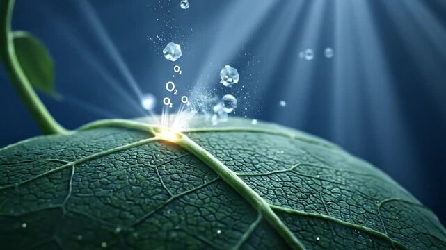 Cinematic Ultra-Macro Animation of Photosynthesis Process Showing Leaf Stomata with CO₂ Intake, O₂ Release, and Water Vapor in Futuristic Science Visualization