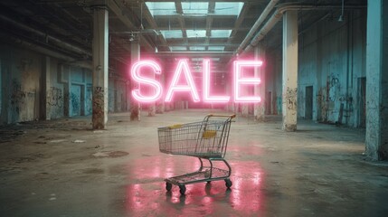 Neon Sale Sign Above Shopping Cart in Abandoned Warehouse with Dim Lighting