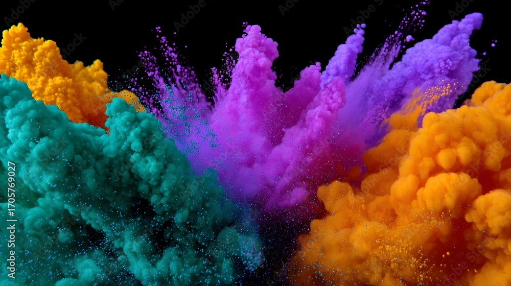 Poster vibrant and dynamic abstract image of a colorful explosion, with smoke and powder bursting in a spec