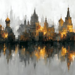Fototapeta premium Abstract watercolor cityscape with blurred towers and arches, dissolving into washes of color, vintage illustration style on white background