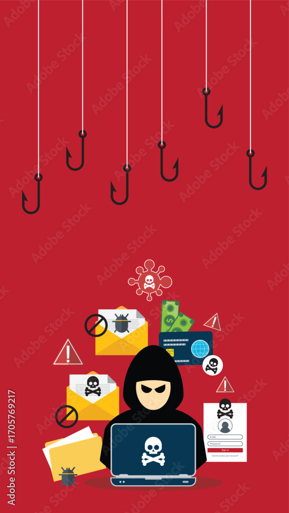 Poster hacker with laptop computer stealing confidential data, personal information and credit card detail.