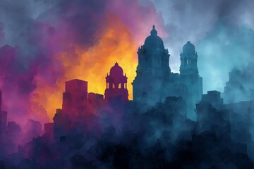Fototapeta premium Abstract watercolor cityscape with blurred towers and arches, dissolving into washes of color, vintage illustration style on white background