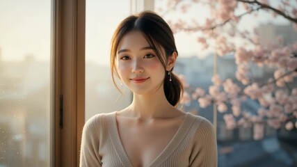 Serene portrait of a beautiful woman near window with cherry blossoms 4K
- Powered by Adobe
